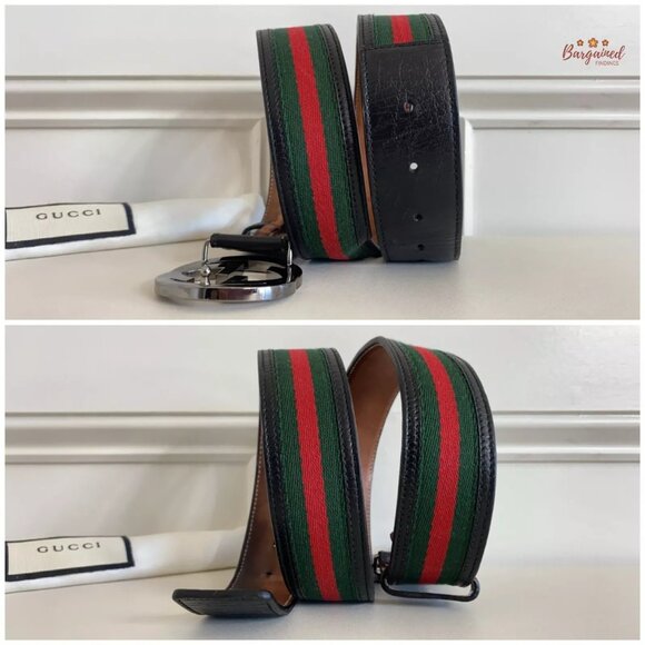 Authentic Gucci Web Canvas Black Leather Silver Interlocking G Buckle Belt 85/34 - Picture 8 of 12